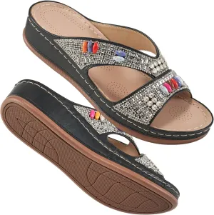Ecetana Womens Sandals Wedge Slides Dressy Summer Rhinestone Beaded Bohemian Platform Comfortable Casual Shoes