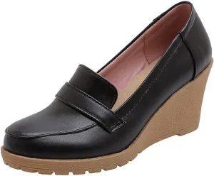 Elbslutt Women's Wedge Loafers Platform Slip On Round Toe Heels Pumps Comfort Uniform Shoes