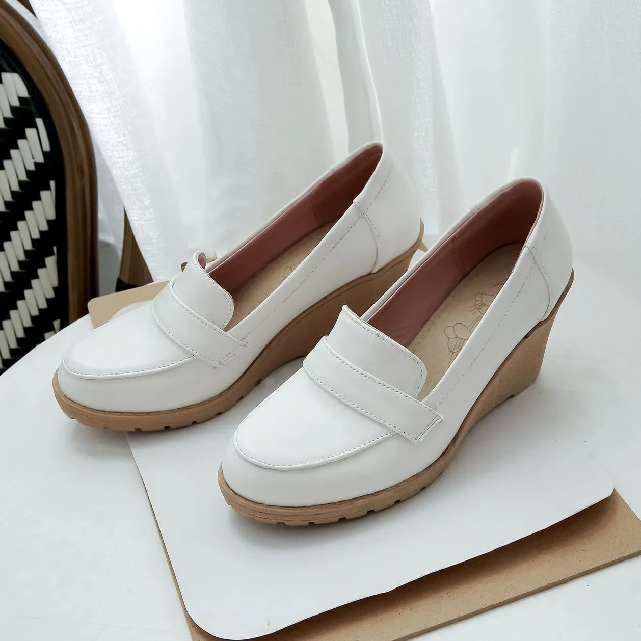Elbslutt Women's Wedge Loafers Platform Slip On Round Toe Heels Pumps Comfort Uniform Shoes