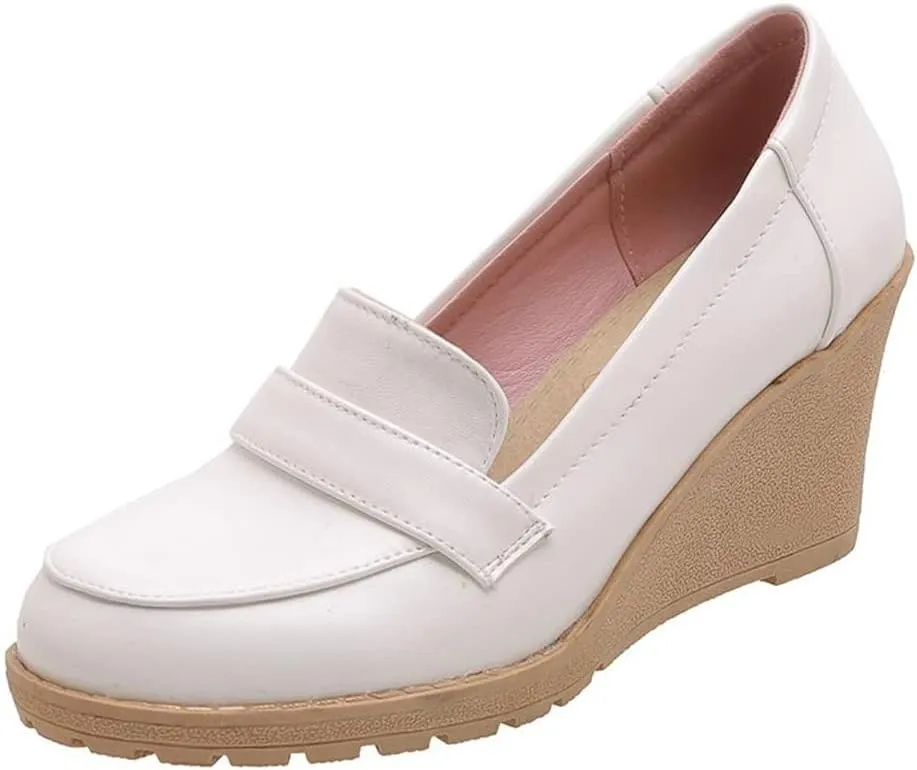 Elbslutt Women's Wedge Loafers Platform Slip On Round Toe Heels Pumps Comfort Uniform Shoes