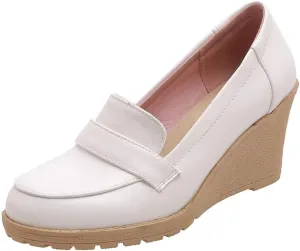 Elbslutt Women's Wedge Loafers Platform Slip On Round Toe Heels Pumps Comfort Uniform Shoes