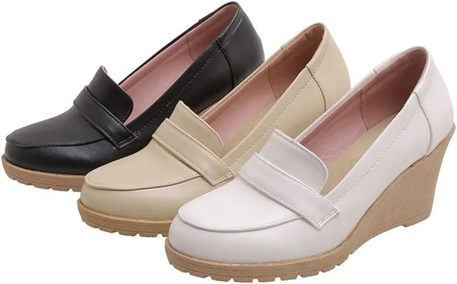 Elbslutt Women's Wedge Loafers Platform Slip On Round Toe Heels Pumps Comfort Uniform Shoes