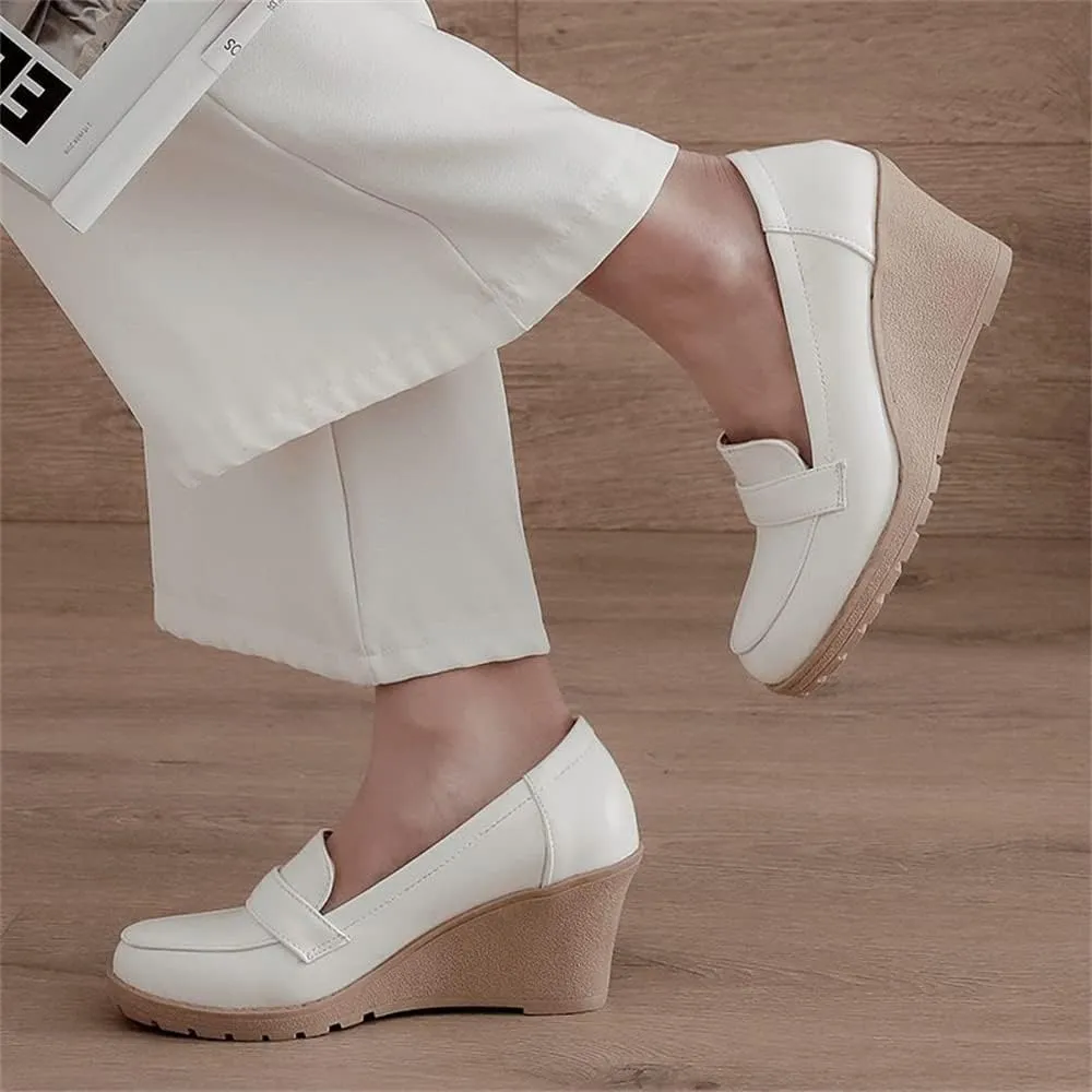 Elbslutt Women's Wedge Loafers Platform Slip On Round Toe Heels Pumps Comfort Uniform Shoes