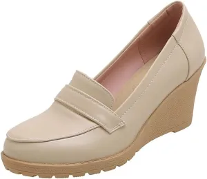 Elbslutt Women's Wedge Loafers Platform Slip On Round Toe Heels Pumps Comfort Uniform Shoes