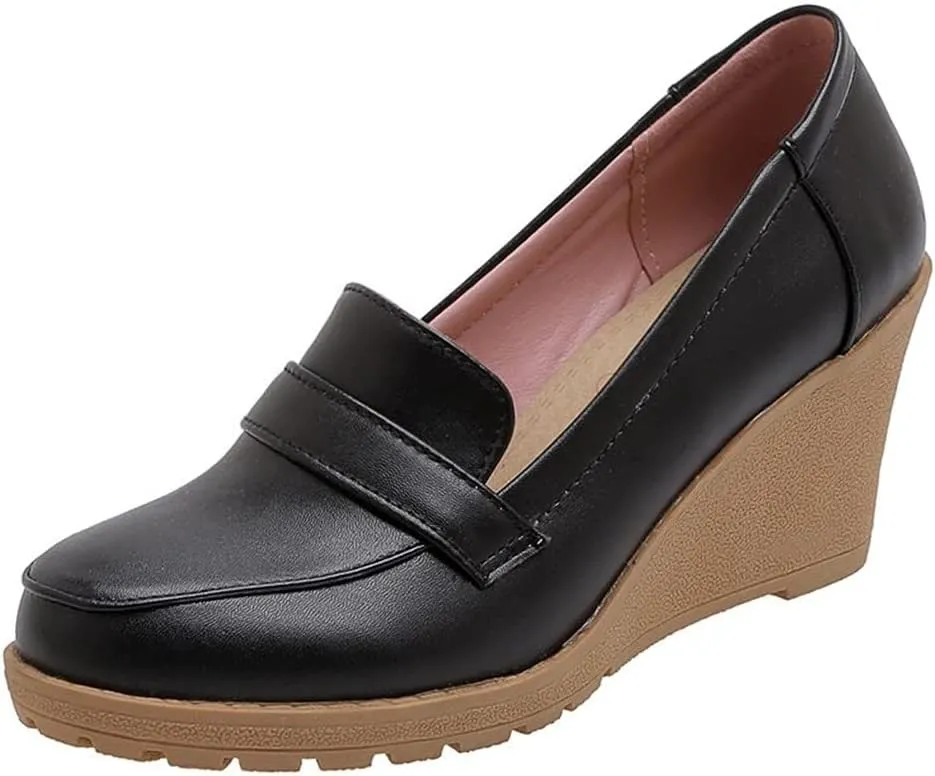 Elbslutt Women's Wedge Loafers Platform Slip On Round Toe Heels Pumps Comfort Uniform Shoes