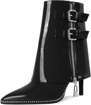 Eldof Ankle Boots for Women Fold Over Stiletto High Heel Pointed Toe Beaded Fall Short Booties Buckle Strap Side Zipper 3.5 Inches