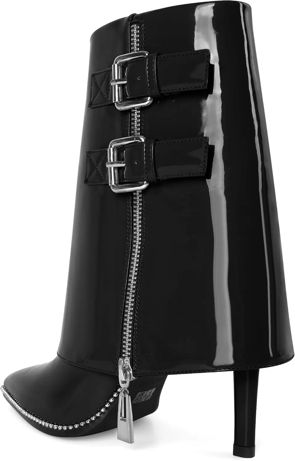 Eldof Ankle Boots for Women Fold Over Stiletto High Heel Pointed Toe Beaded Fall Short Booties Buckle Strap Side Zipper 3.5 Inches
