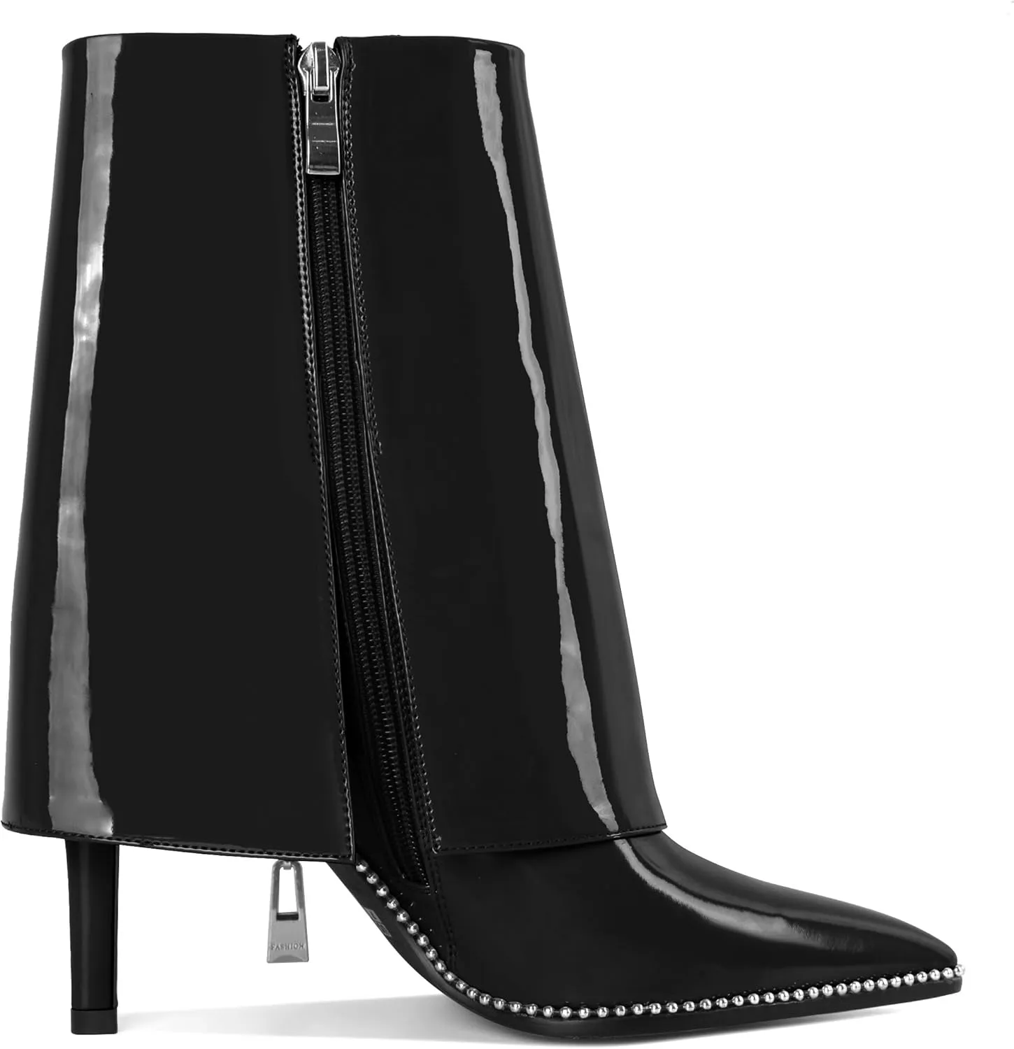 Eldof Ankle Boots for Women Fold Over Stiletto High Heel Pointed Toe Beaded Fall Short Booties Buckle Strap Side Zipper 3.5 Inches