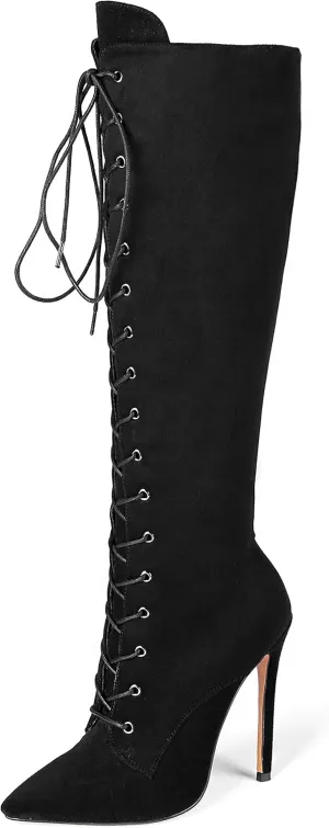 Eldof Women's Knee-High Boots Lace Up High Heeled Stiletto Sexy Boot