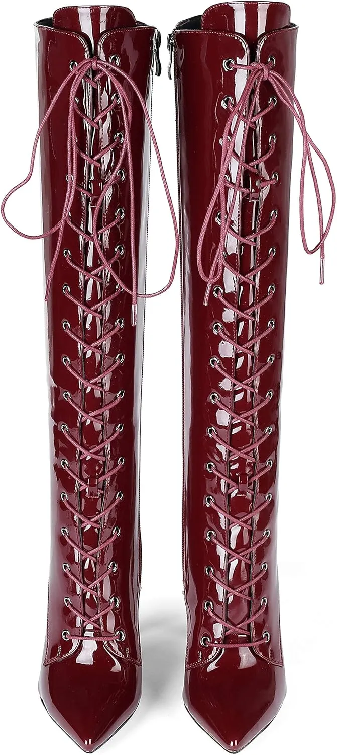 Eldof Women's Knee-High Boots Lace Up High Heeled Stiletto Sexy Boot