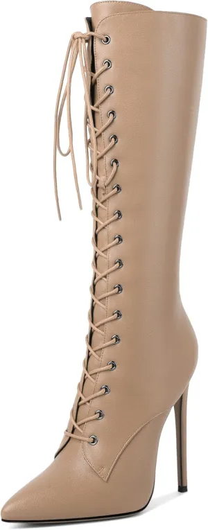 Eldof Women's Knee-High Boots Lace Up High Heeled Stiletto Sexy Boot