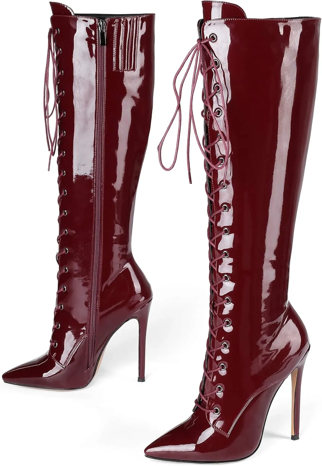 Eldof Women's Knee-High Boots Lace Up High Heeled Stiletto Sexy Boot