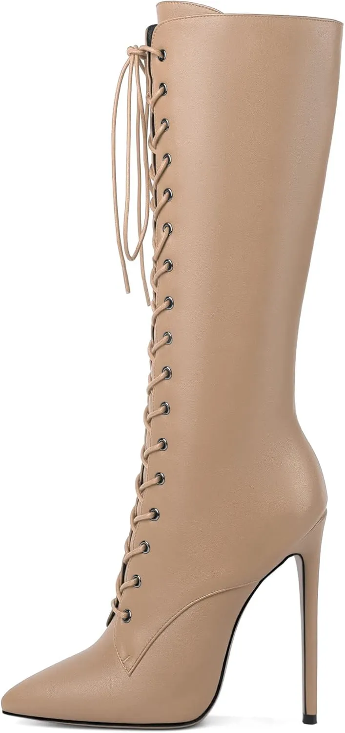 Eldof Women's Knee-High Boots Lace Up High Heeled Stiletto Sexy Boot