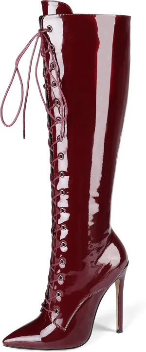 Eldof Women's Knee-High Boots Lace Up High Heeled Stiletto Sexy Boot