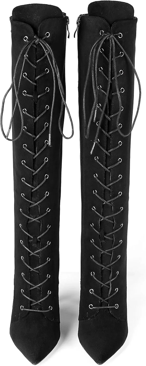 Eldof Women's Knee-High Boots Lace Up High Heeled Stiletto Sexy Boot