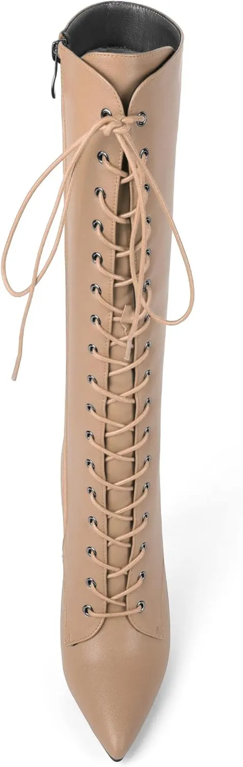 Eldof Women's Knee-High Boots Lace Up High Heeled Stiletto Sexy Boot