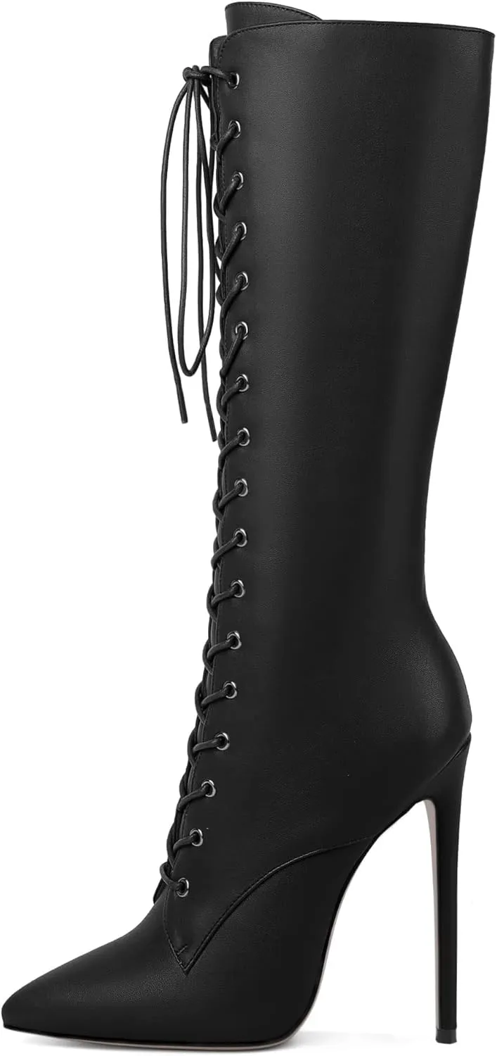 Eldof Women's Knee-High Boots Lace Up High Heeled Stiletto Sexy Boot