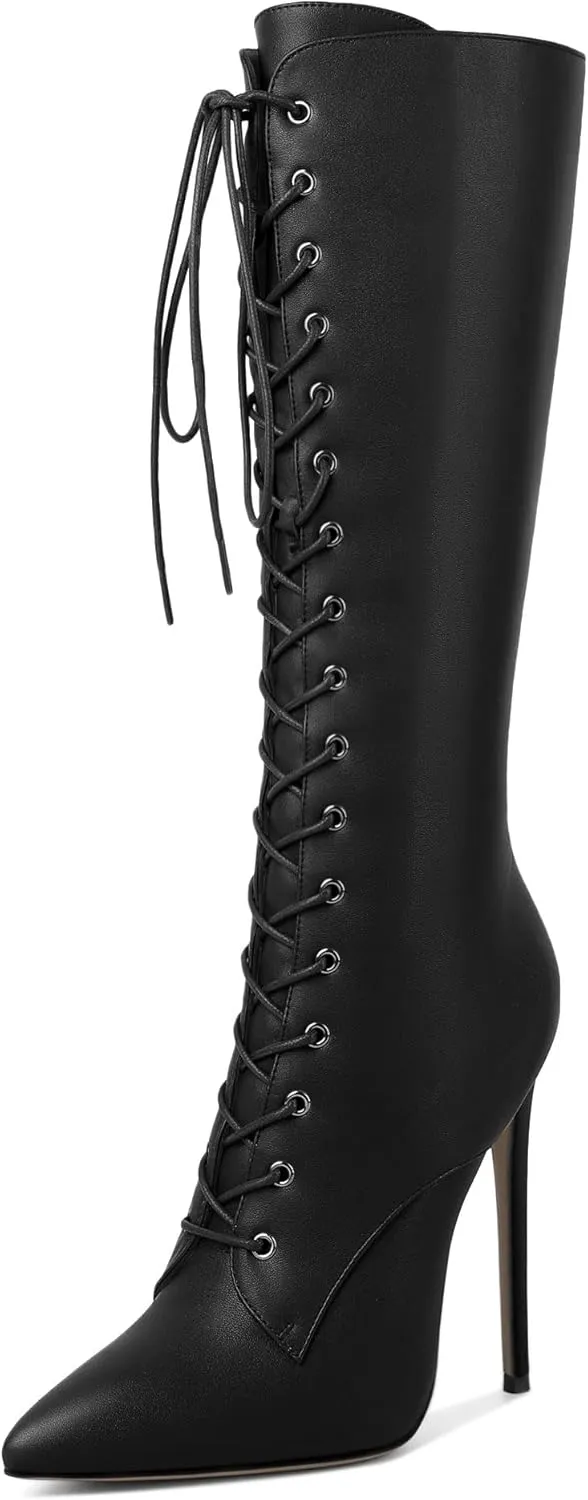 Eldof Women's Knee-High Boots Lace Up High Heeled Stiletto Sexy Boot
