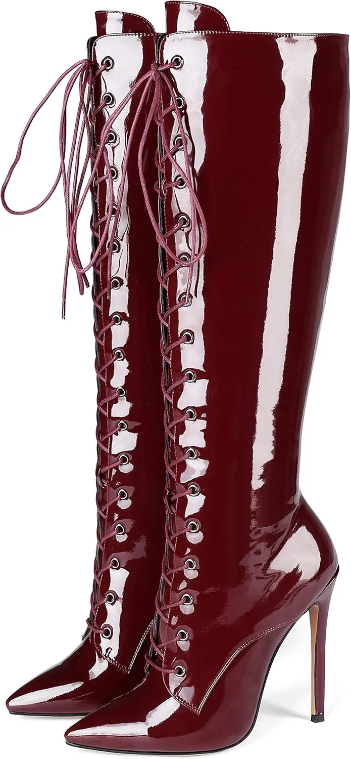 Eldof Women's Knee-High Boots Lace Up High Heeled Stiletto Sexy Boot