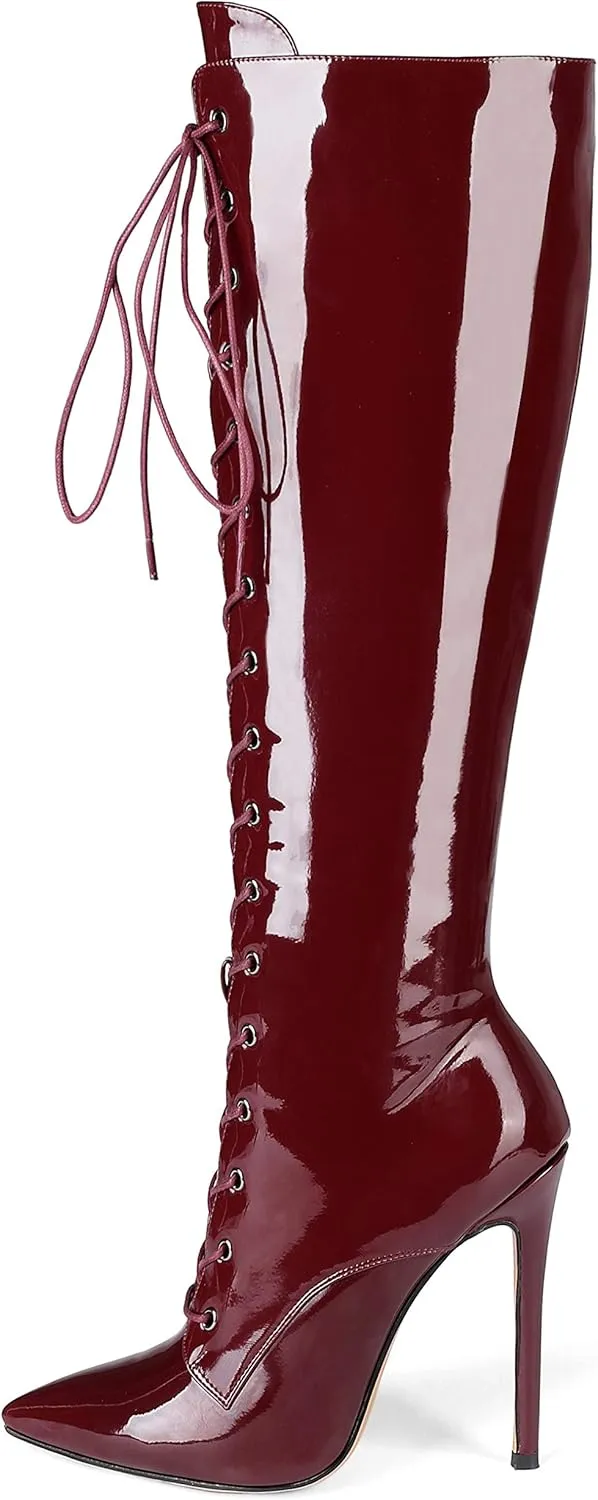 Eldof Women's Knee-High Boots Lace Up High Heeled Stiletto Sexy Boot