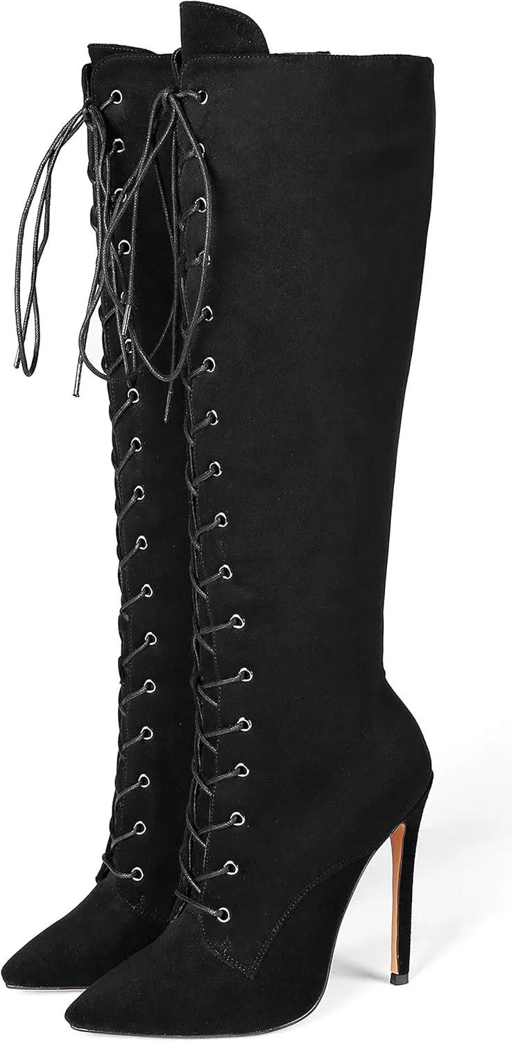 Eldof Women's Knee-High Boots Lace Up High Heeled Stiletto Sexy Boot