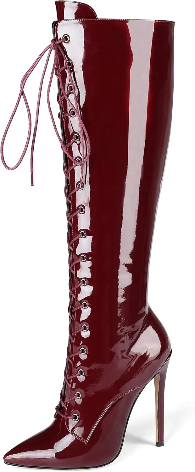 Eldof Women's Knee-High Boots Lace Up High Heeled Stiletto Sexy Boot