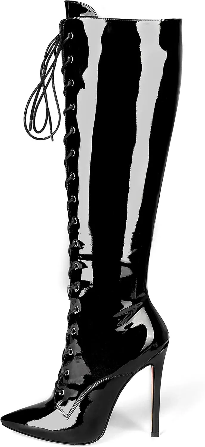 Eldof Women's Knee-High Boots Lace Up High Heeled Stiletto Sexy Boot