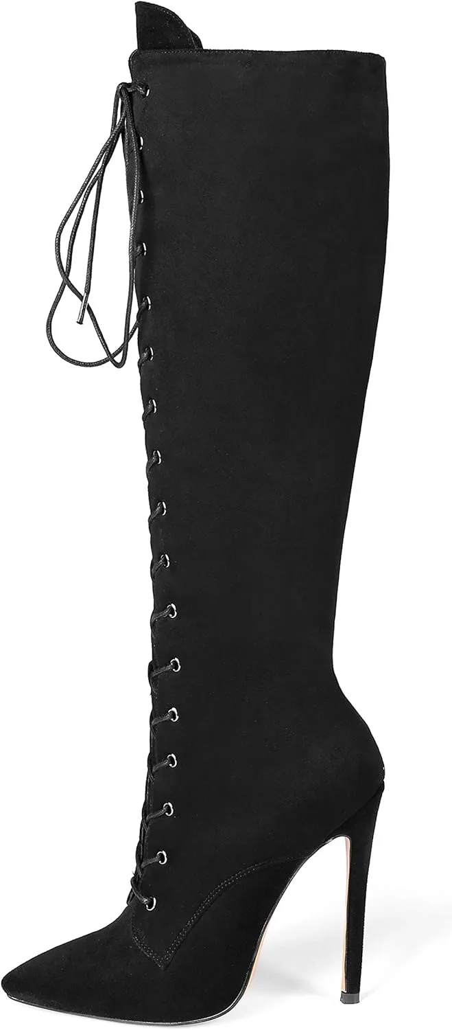Eldof Women's Knee-High Boots Lace Up High Heeled Stiletto Sexy Boot