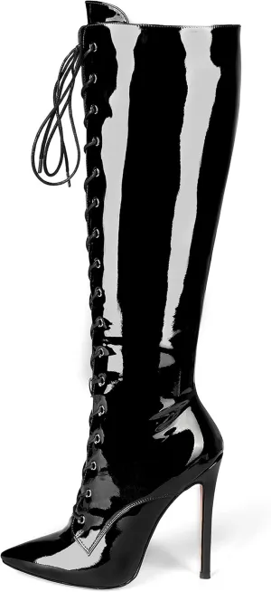 Eldof Women's Knee-High Boots Lace Up High Heeled Stiletto Sexy Boot
