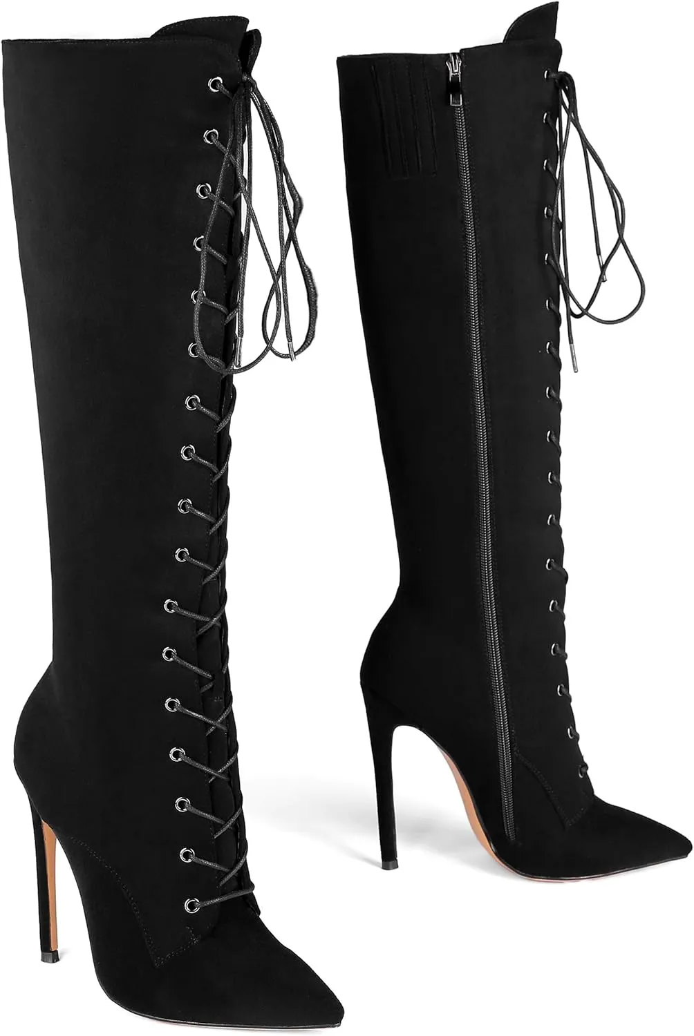 Eldof Women's Knee-High Boots Lace Up High Heeled Stiletto Sexy Boot