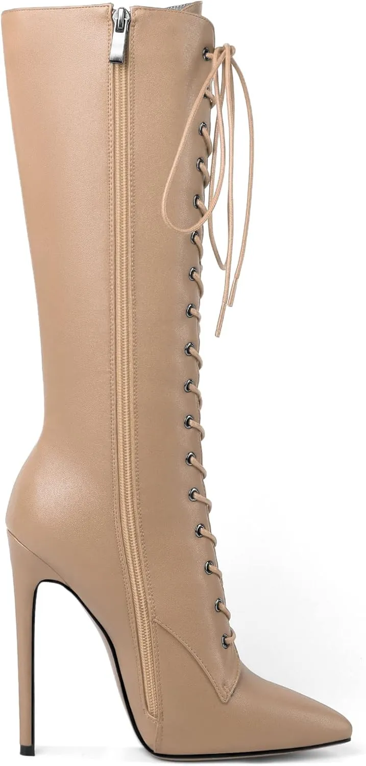Eldof Women's Knee-High Boots Lace Up High Heeled Stiletto Sexy Boot