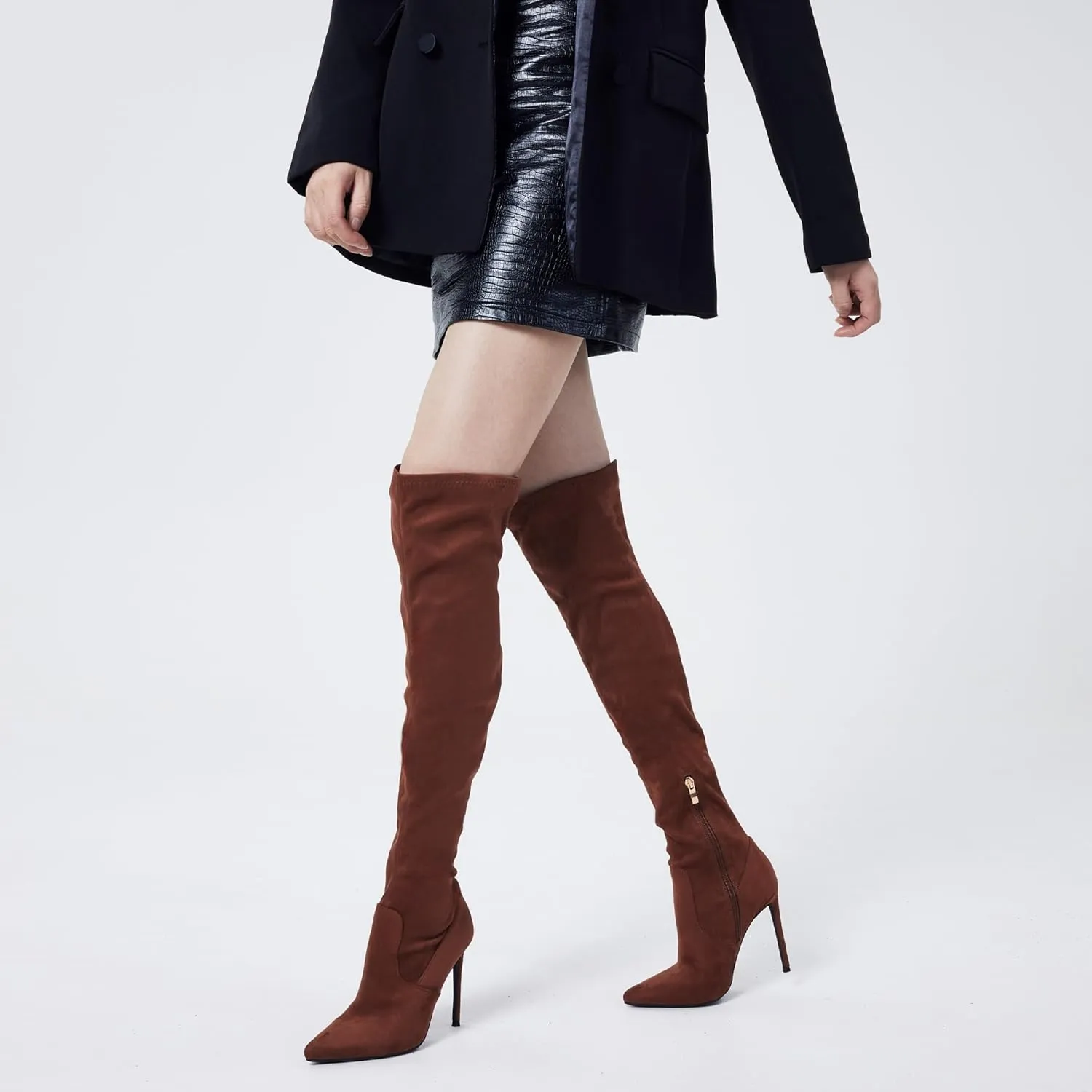 Elisabet Tang Thigh High Boots Over the Knee Boots for Women,Sexy 4.3 inch Stilettos High Heels Boots Stretch Suede Long Pointed Toe Shoes