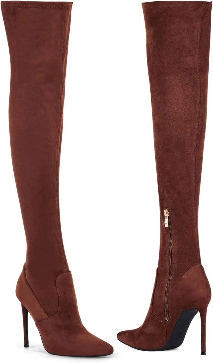 Elisabet Tang Thigh High Boots Over the Knee Boots for Women,Sexy 4.3 inch Stilettos High Heels Boots Stretch Suede Long Pointed Toe Shoes