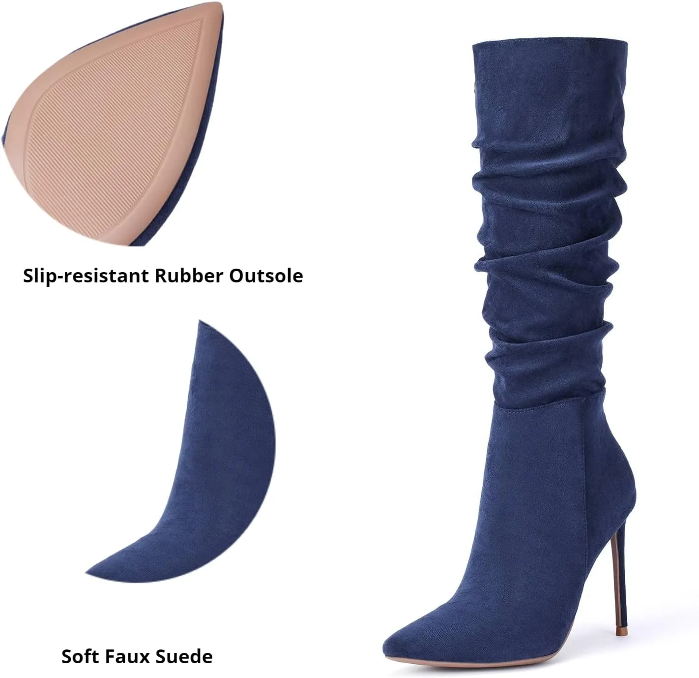 Elisabet Tang Women's Knee High Booties,Faux Suede 4" Stiletto Heel Pointed Toe Knee High Boots Side Zipper Boots Dress Shoes