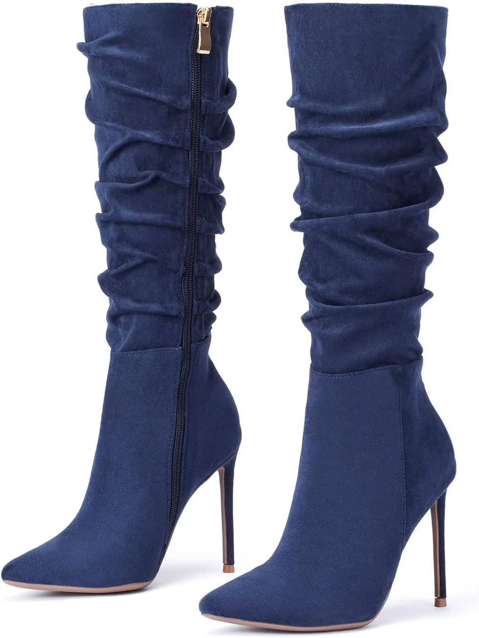 Elisabet Tang Women's Knee High Booties,Faux Suede 4" Stiletto Heel Pointed Toe Knee High Boots Side Zipper Boots Dress Shoes
