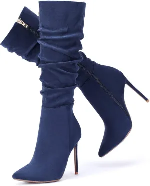 Elisabet Tang Women's Knee High Booties,Faux Suede 4" Stiletto Heel Pointed Toe Knee High Boots Side Zipper Boots Dress Shoes