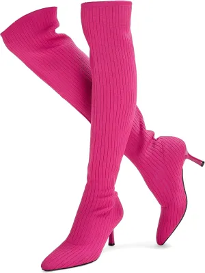 ErikenUrben Women Over The Knee Knit Boots High Heel Thigh High Socks Boots Pointed Toe