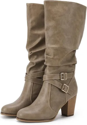 Ermonn Womens Mid Knee High Boots Chunky Heel Slouchy Metal Buckle Side Zipper Fashion Winter Shoes