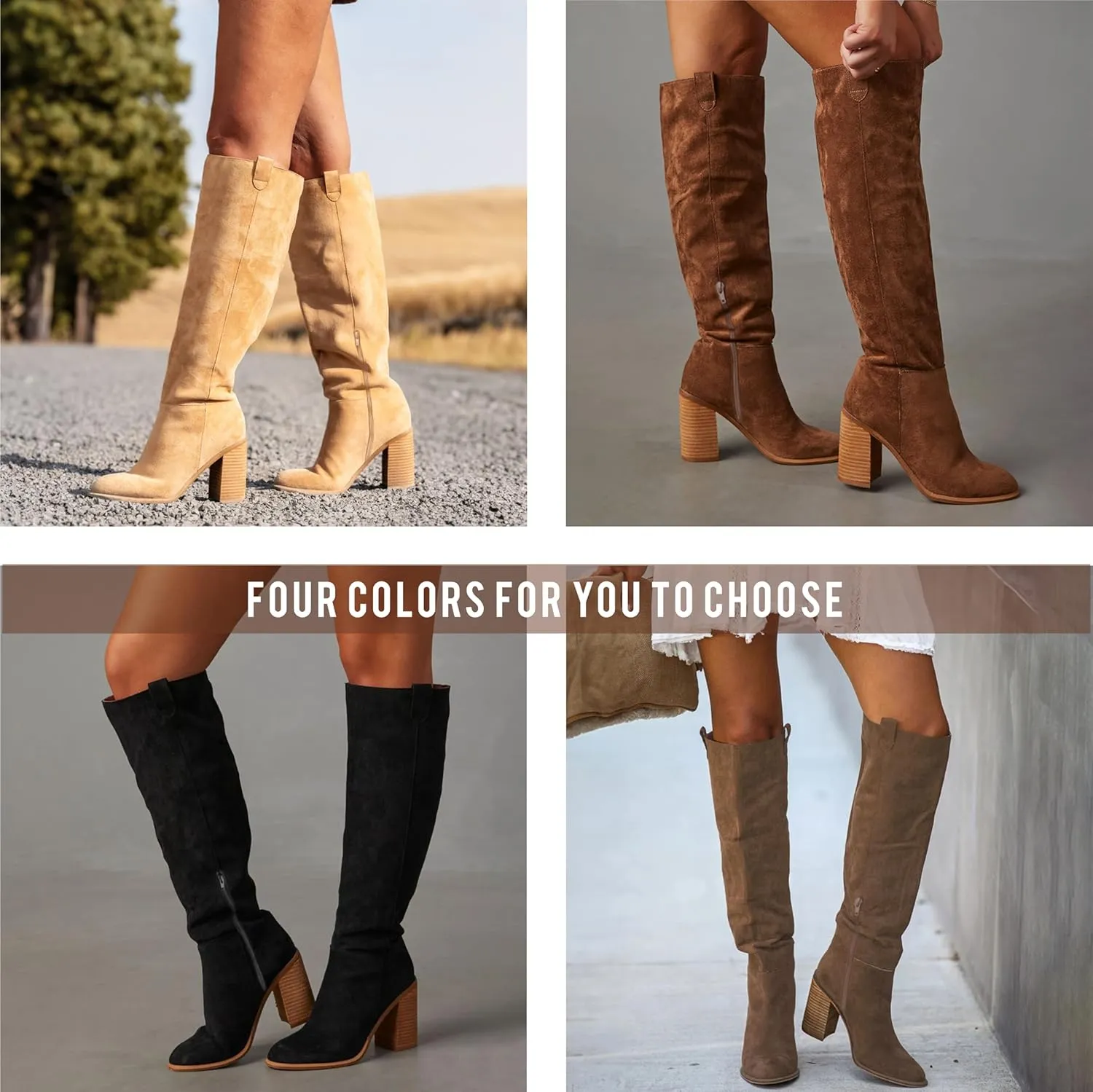 Erocalli Suede Knee-High Boots Fall Boot For Women Chunky Block High Heel Slouch Fashion Boot Round Toe Side Zipper…
