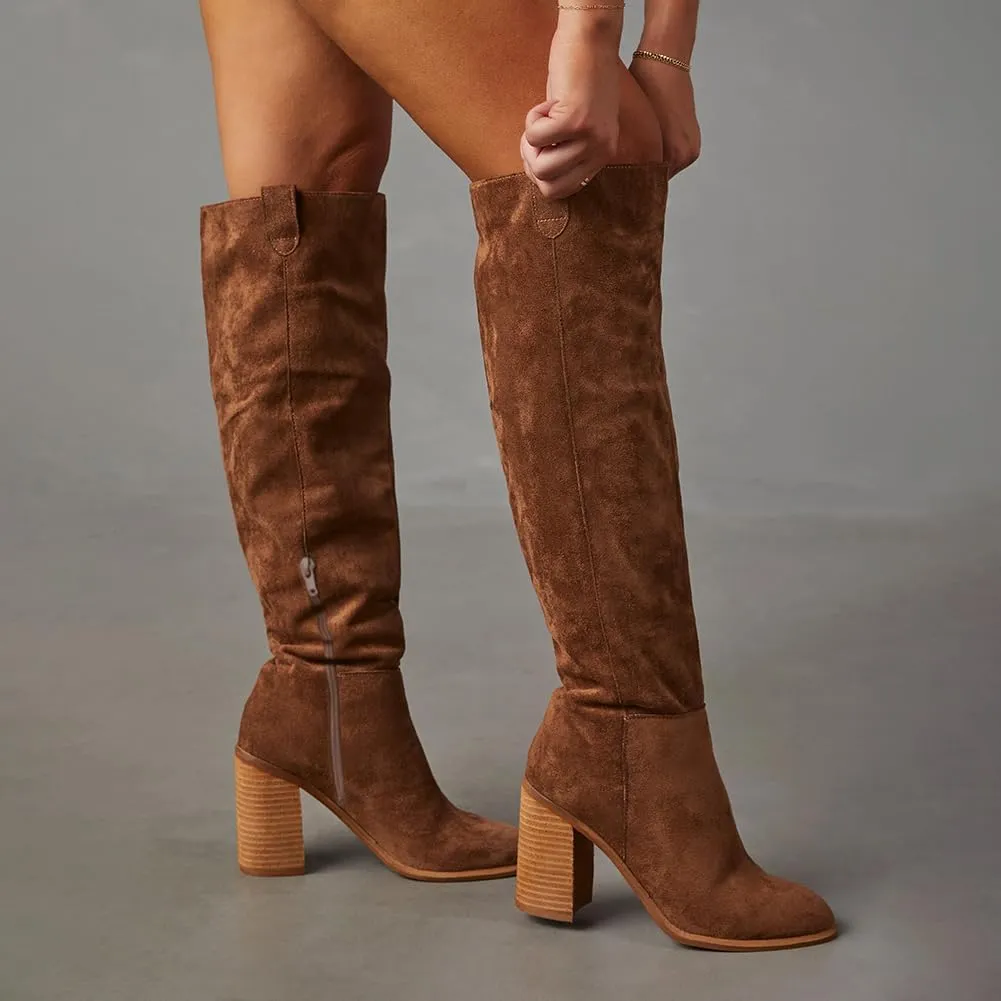 Erocalli Suede Knee-High Boots Fall Boot For Women Chunky Block High Heel Slouch Fashion Boot Round Toe Side Zipper…