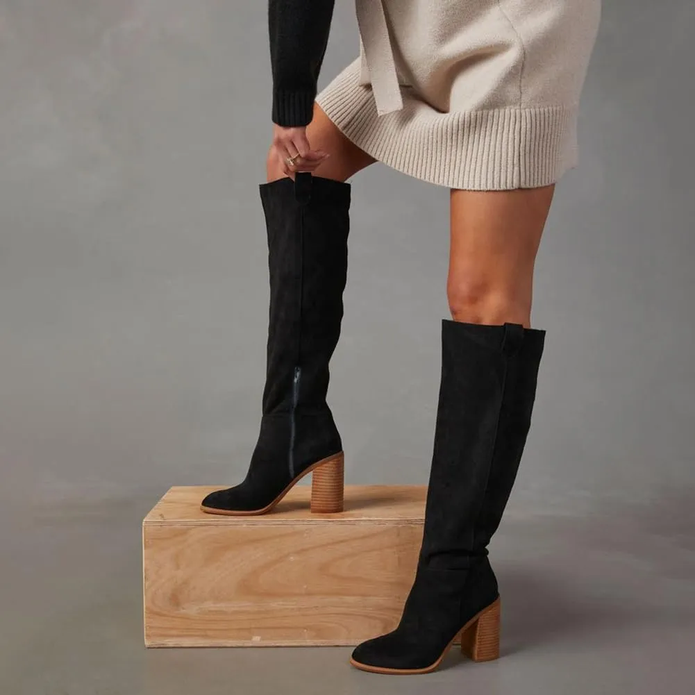 Erocalli Suede Knee-High Boots Fall Boot For Women Chunky Block High Heel Slouch Fashion Boot Round Toe Side Zipper…