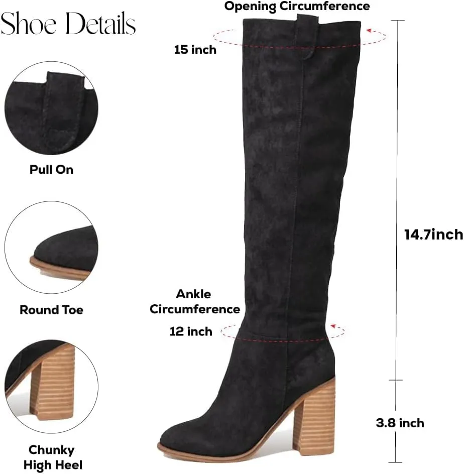 Erocalli Suede Knee-High Boots Fall Boot For Women Chunky Block High Heel Slouch Fashion Boot Round Toe Side Zipper…