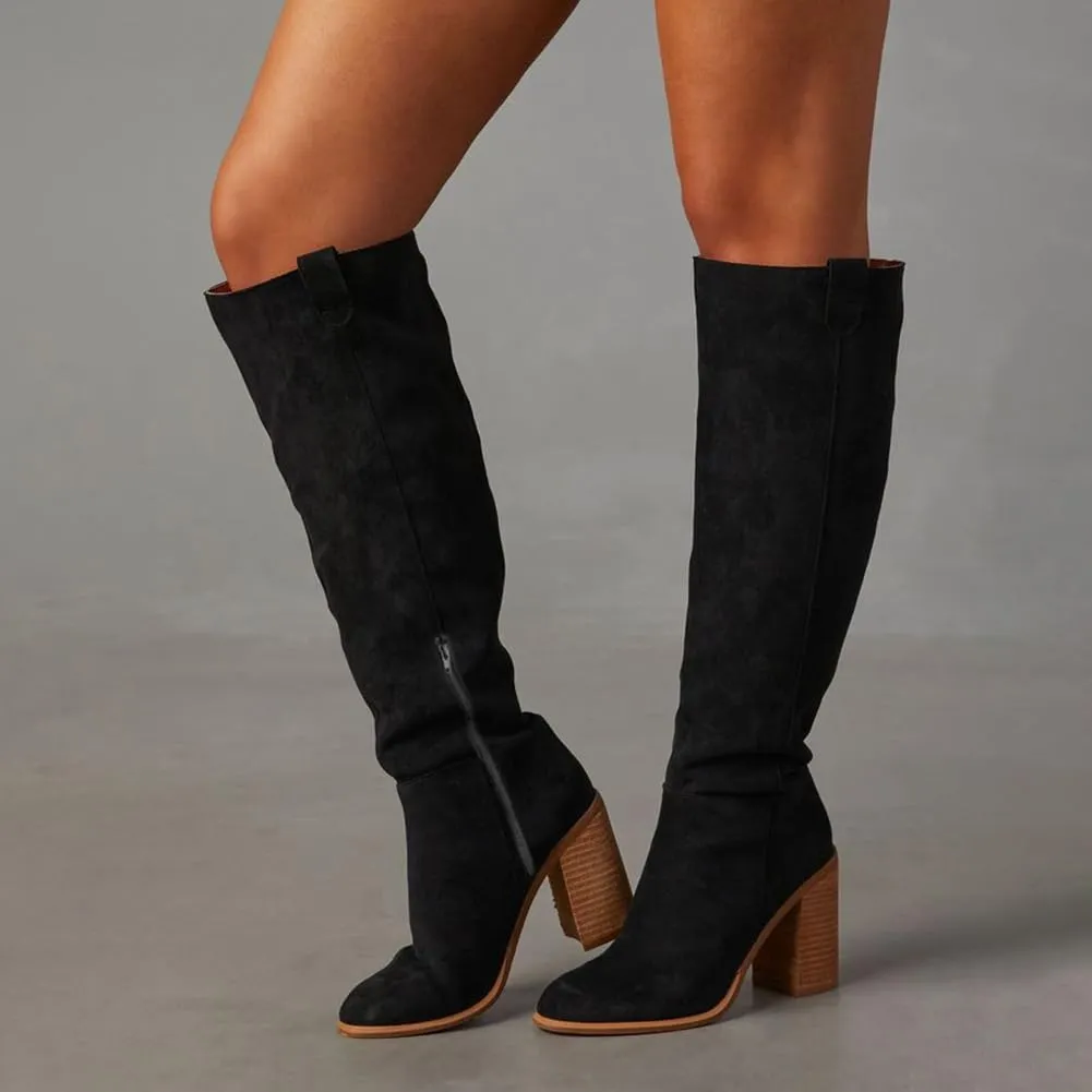 Erocalli Suede Knee-High Boots Fall Boot For Women Chunky Block High Heel Slouch Fashion Boot Round Toe Side Zipper…