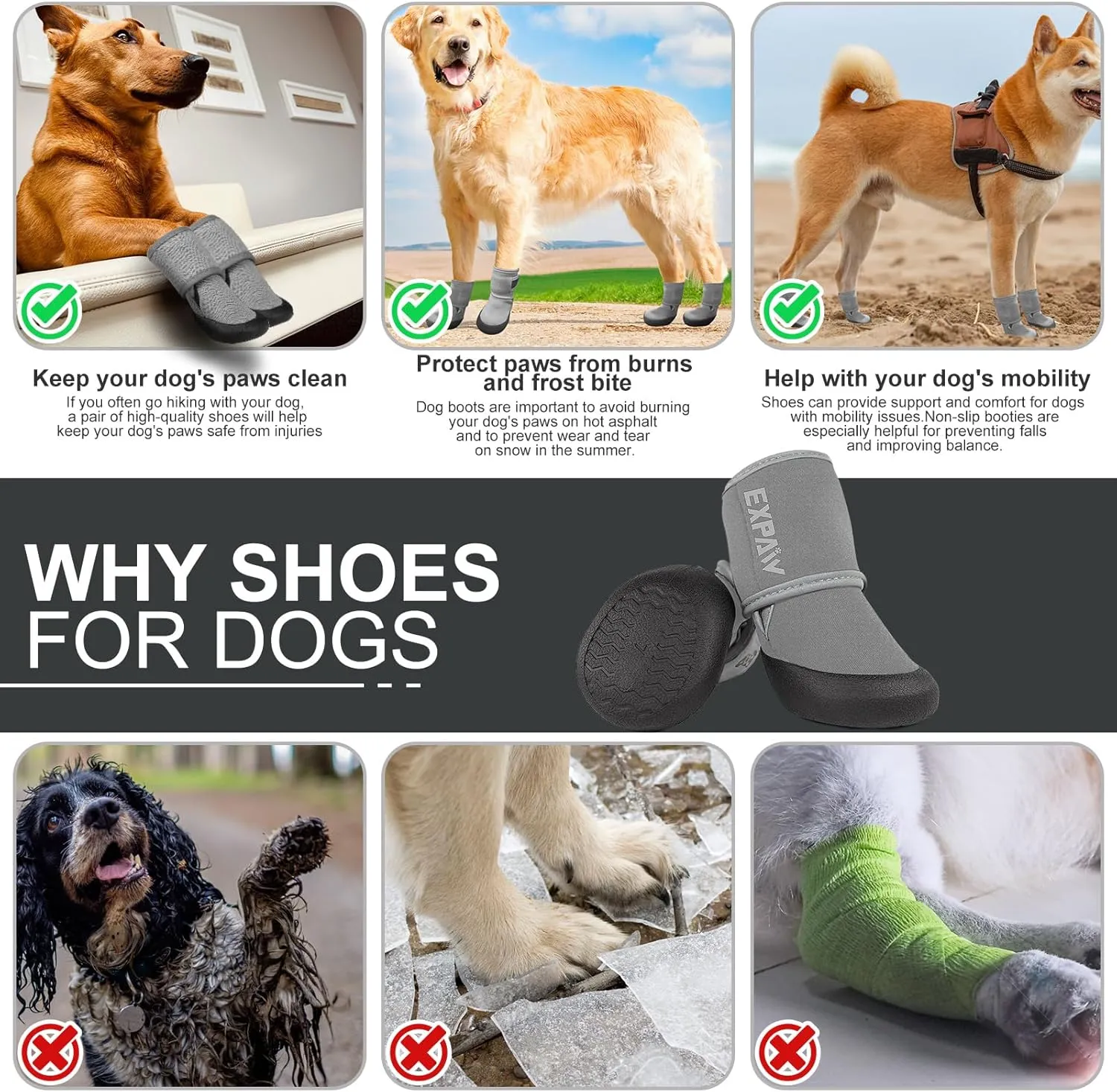 EXPAWLORER Waterproof Dog Shoes for Small Medium Large Dogs, Dog Shoes for Hot Pavement, Hiking Walking, Reflective Dog Booties for Outdoor Snow Rain Days, Anti-Slip Dog Boots & Paw Protectors