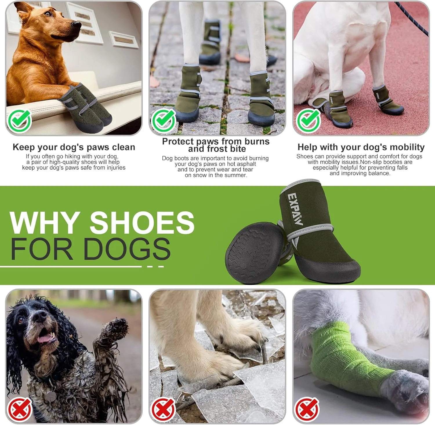 EXPAWLORER Waterproof Dog Shoes for Small Medium Large Dogs, Dog Shoes for Hot Pavement, Hiking Walking, Reflective Dog Booties for Outdoor Snow Rain Days, Anti-Slip Dog Boots & Paw Protectors