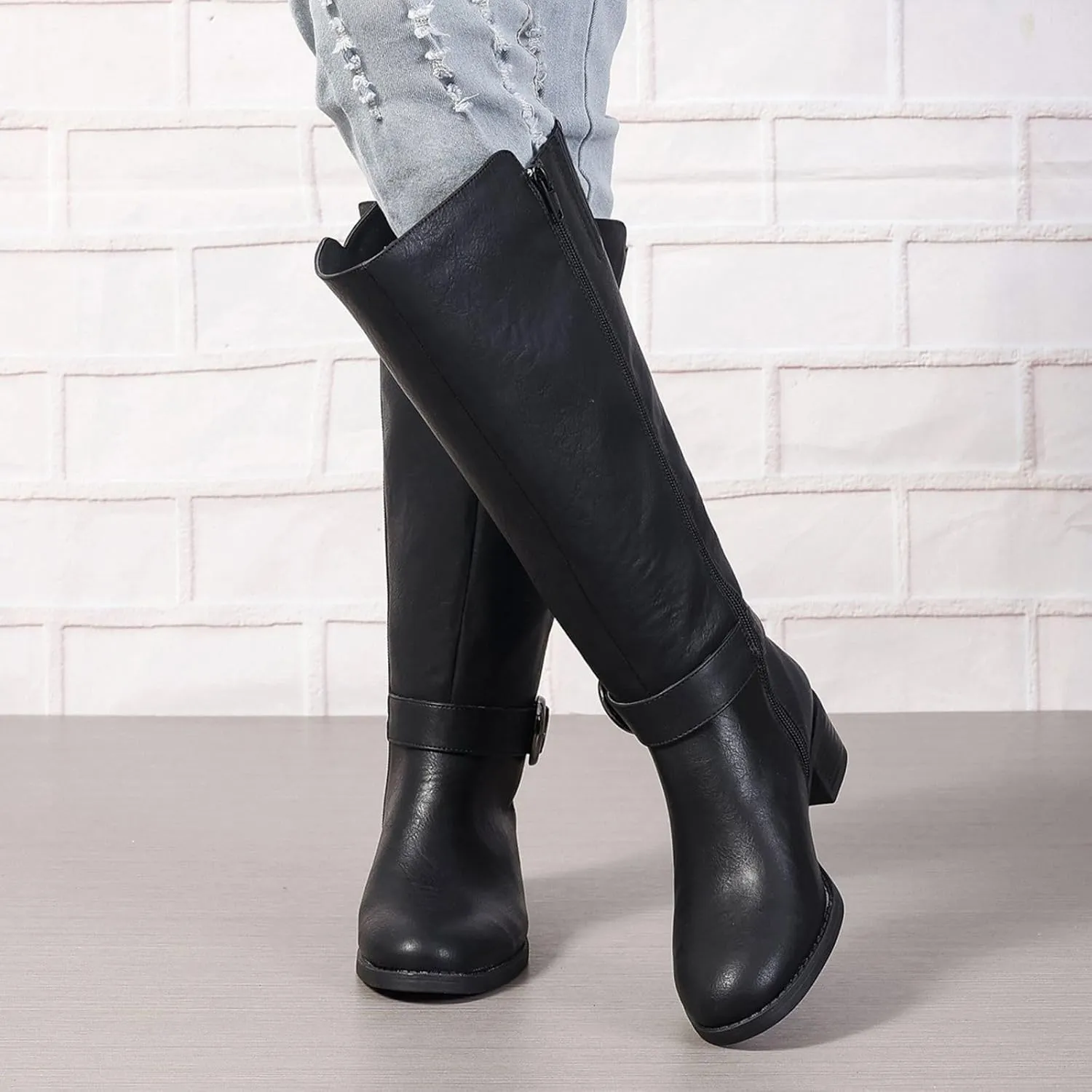 Extra Wide Calf Knee High Boots for Women Wide Width Plus Size Side Zipper Elastic Band Low Heel Riding Boots US5-11