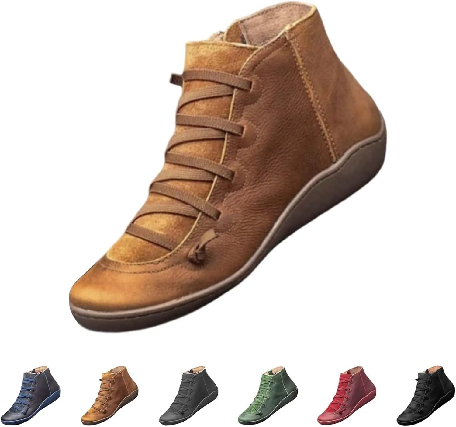Fall Ankle Boots for Women No Heel 2024, New Arch Support Boots Fashion Lace Up Side Zipper Retro Ankle Booties, Comfortable Slip On Flat Low Heel Boots