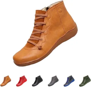 Fall Ankle Boots for Women No Heel 2024, New Arch Support Boots Fashion Lace Up Side Zipper Retro Ankle Booties, Comfortable Slip On Flat Low Heel Boots
