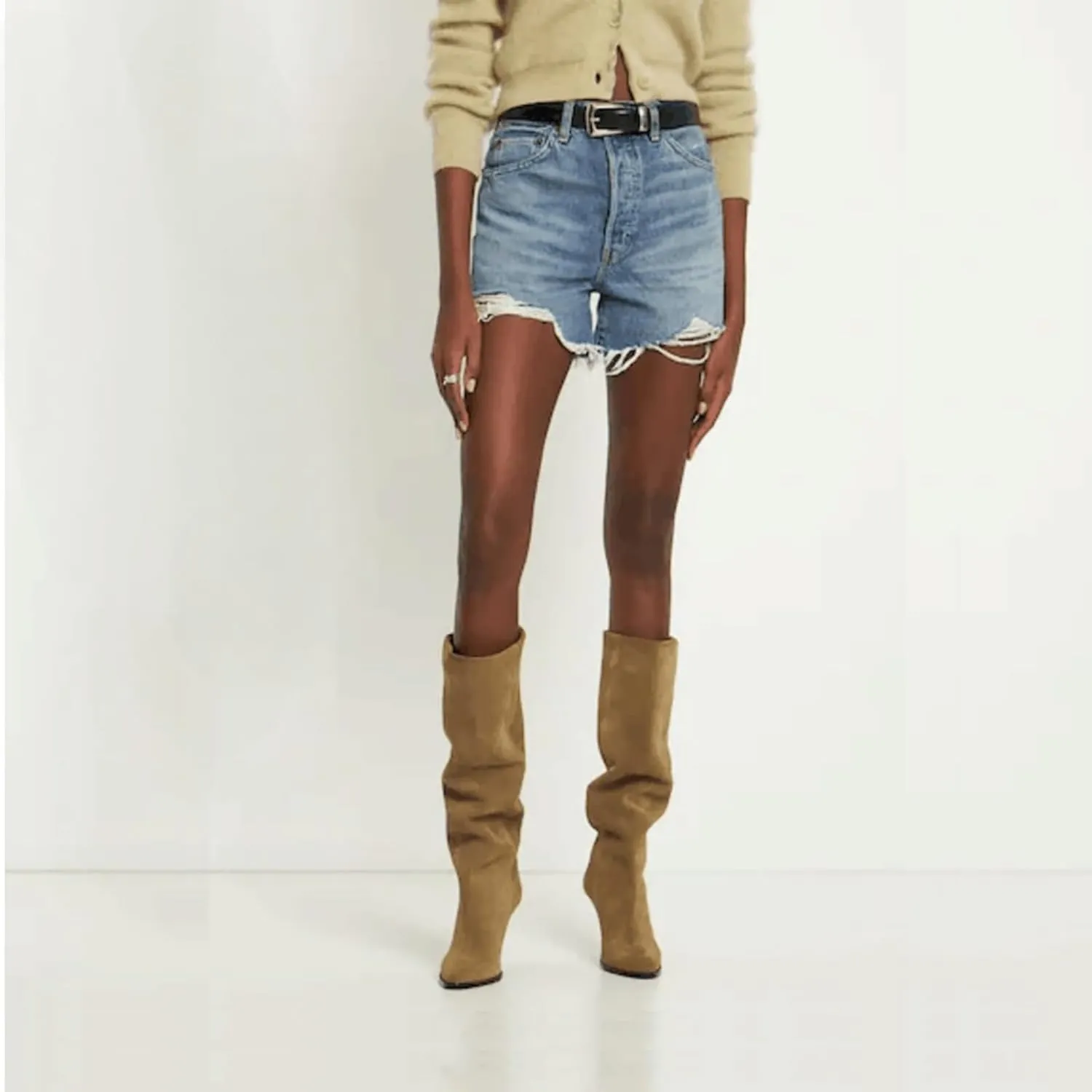 Fall tan Knee high boots for women pointed toe blue denim boot high heel black wide calf suede boots Beige heeled Booties Oversized shoes