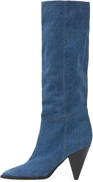 Fall tan Knee high boots for women pointed toe blue denim boot high heel black wide calf suede boots Beige heeled Booties Oversized shoes